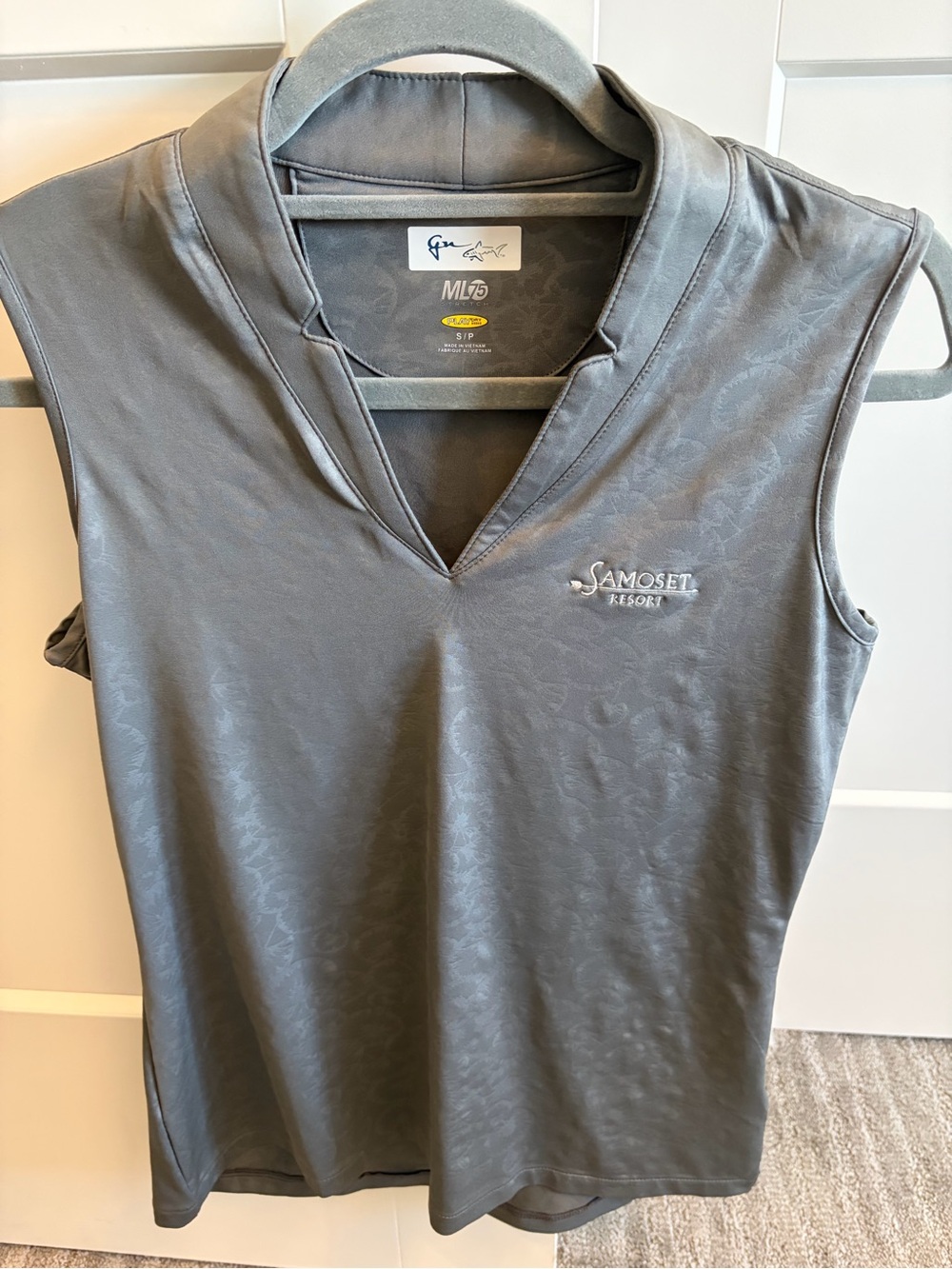 Women's Sleeveless Gray golf Polo Tank Top. See close up for print details